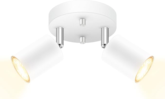 AUQUEE LED 2 Light Track Lighting Kit, LED Track Lighting Fixtures, White Round Ceiling Spot Lighting, Flexibly Rotatable Light Head for Kitchen, Living Room, Bedroom, GU10 Bulb Not Included
