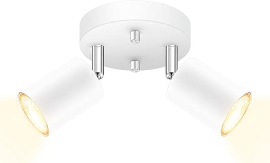 AUQUEE LED 2 Light Track Lighting Kit, LED Track Lighting Fixtures, White Round Ceiling Spot Lighting, Flexibly Rotatable Light Head for Kitchen, Living Room, Bedroom, GU10 Bulb Not Included