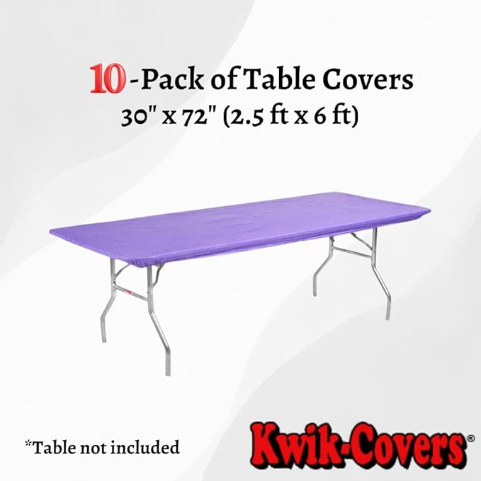 Kwik-Covers 10 Pack of Rectangular Plastic Table Covers - 6' Foot or 8' Foot Options - Indoor or Outdoor Fitted Table Covers (Table NOT Included) (Purple, 30" x 72" (6' ft))