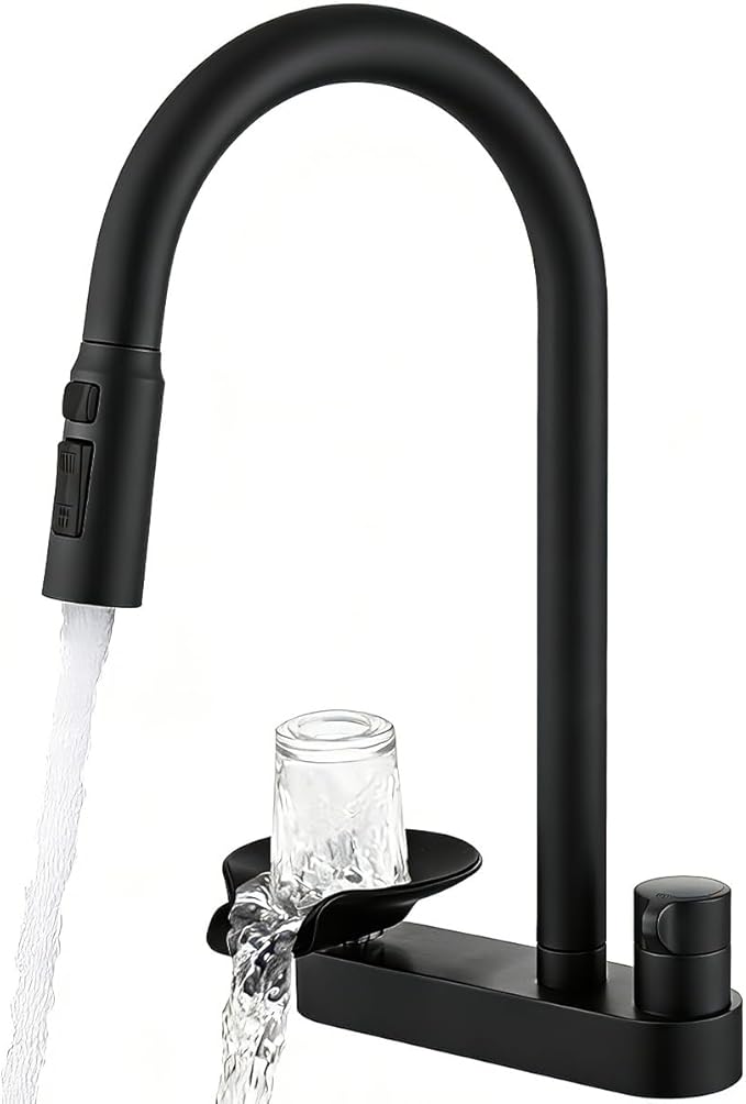 2-in-1 Kitchen Faucet with Pull Down Sprayer, 3 Spray Modes & Built-in Glass Rinser, Lead-Free Brass Single Handle, Matte Black, Fits 1 or 3 Hole Sink, Suitable for Farmhouse Rv Bar