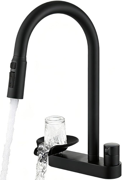 2-in-1 Kitchen Faucet with Pull Down Sprayer, 3 Spray Modes & Built-in Glass Rinser, Lead-Free Brass Single Handle, Matte Black, Fits 1 or 3 Hole Sink, Suitable for Farmhouse Rv Bar