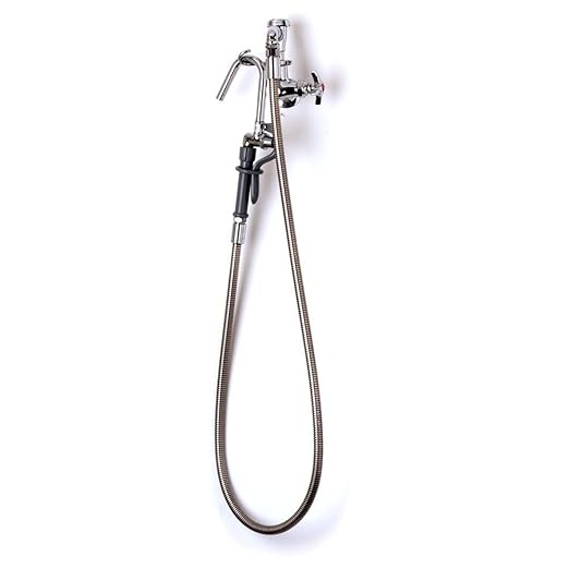 T&S Brass B-0605-H Pot Filler, Wall Mount, Vacuum Breaker, Stainless Steel Hose, Self-Closing Hook Nozzle, Red Index
