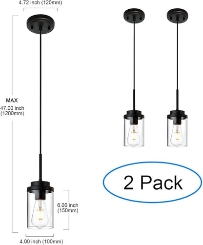 MELUCEE 2 Pack Pendant Lights for Kitchen Island Black Adjustable Hanging Ceiling Lamp with Clear Glass Shade, Industrial Glass Pendant Lights for Dining Table Hallway Bedroom Living Room