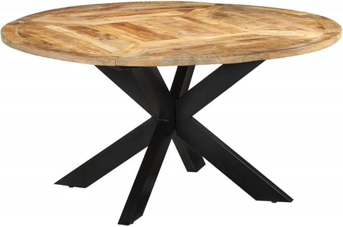 Round Dining Table for 6 Solid Mango Wood with Iron Frame Rustic Natural Finish 59.1 Inch Kitchen and Dining Room Furniture