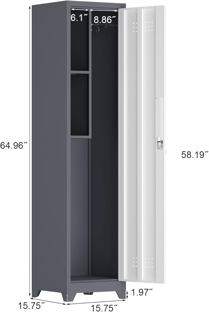IRONFFICE Storage Cabinet,Slim Broom Closet Storage Cabinets with Lockable Doors,Narrow Utility Cabinets with Hanging Rod,Tall Broom Closet for Laundry,Home Office,Grey-White