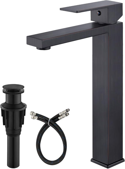 gotonovo Vessel Sink Faucet Single Handle Tall Bathroom Faucet One Hole Modern Lavatory Vanity Basin Mixer Tap Matching Supply Hoses and Pop up Drain Without Overflow, Oil Rubbed Bronze