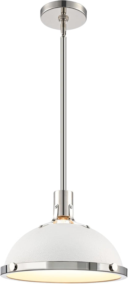 12.7 Inch White and Nickel Modern Pendant Lights, Mid Century Dome Kitchen Island Pendant Lighting, 1-Light Small Ceiling Hanging Light Fixture with Opal Glass Diffuser, Over Sink Table Bar