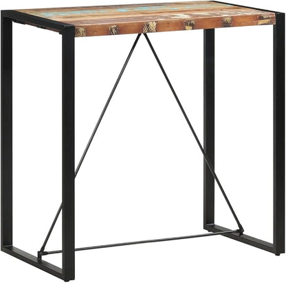 Solid Reclaimed Wood Bar Table with Steel Base, 43.3 Inch Height, Durable Dining Table for Kitchen and Home Bar, Unique Wood Grain, Space Saving Design, Industrial Accent