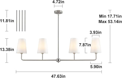 Brushed Nickel Chandelier for Kitchen Island 4-Light Linear Chandeliers for Dining Room Modern Farmhouse Classic Light Fixture with White Linen Shades Over Dining Table