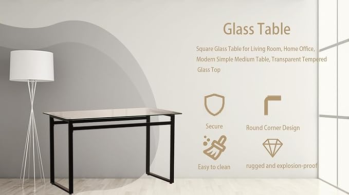 51" Modern Minimalist Rectangular Glass Dining Table for 4-6 with 0.31" Tempered Glass Tabletop and Chrome Metal Legs, Writing Table Desk for Kitchen Dining Living Room (Clear&Black)