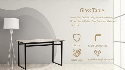 51" Modern Minimalist Rectangular Glass Dining Table for 4-6 with 0.31" Tempered Glass Tabletop and Chrome Metal Legs, Writing Table Desk for Kitchen Dining Living Room (Clear&Black)