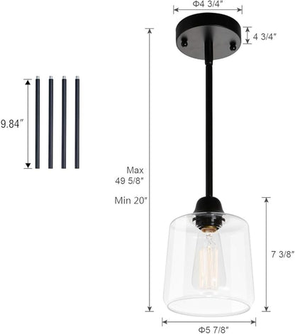 VILUXY Vintage Glass Pendant Light, Single Hanging Pendant Lighting, Black with Clear Glass Shade Classic for Farmhouse, Entryway, Dining Room, Kitchen Island, Foyer