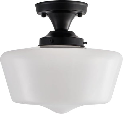 youngrender Black Schoolhouse Light Fixture, 12" Milk Glass Flush Mount Ceiling Light, Black Semi Flush Mount Ceiling Light for Farmhouse Kitchen Hallway Entryway