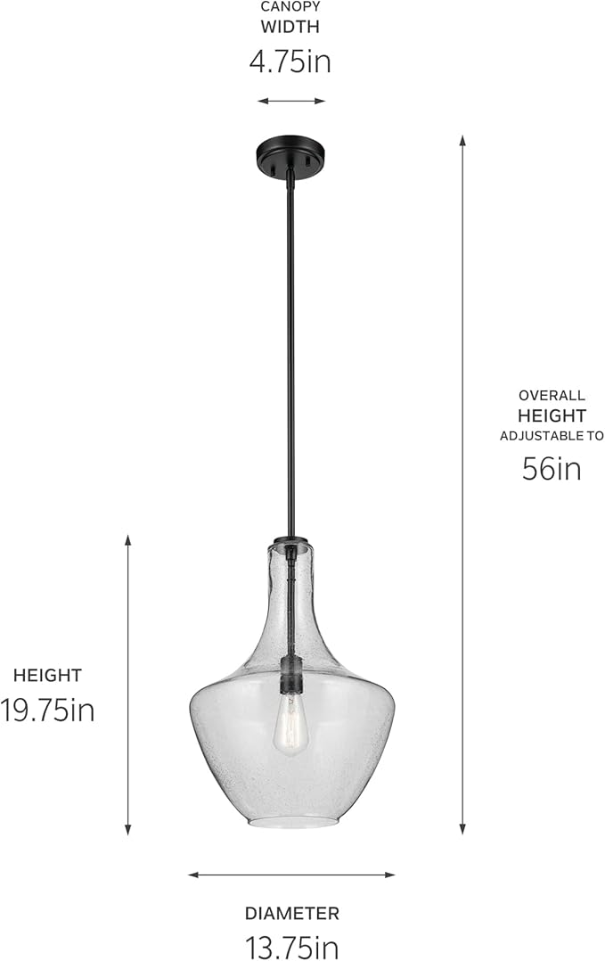 Everly 19.75" 1-Light Bell Pendant with Clear Seeded Glass in Black, for Kitchen Island, Dining Nook, Bedroom, (19.75" x 13.75") 42046BKCS