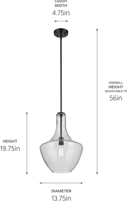 Everly 19.75" 1-Light Bell Pendant with Clear Seeded Glass in Black, for Kitchen Island, Dining Nook, Bedroom, (19.75" x 13.75") 42046BKCS