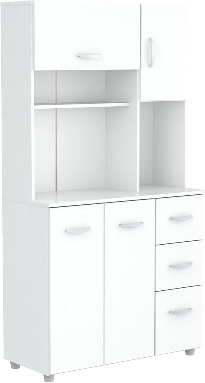 Inval America 4-Door Kitchen Microwave Storage Cabinet with 3 Drawers, Kitchenette Standing Pantry, 71"H x 23.6"W x 17.1"D, White