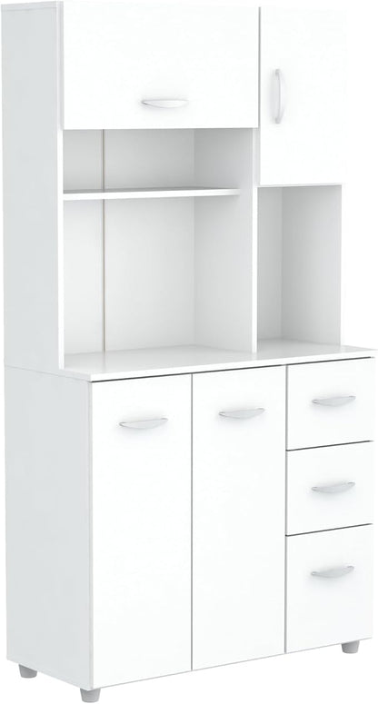 Inval America 4-Door Kitchen Microwave Storage Cabinet with 3 Drawers, Kitchenette Standing Pantry, 71"H x 23.6"W x 17.1"D, White