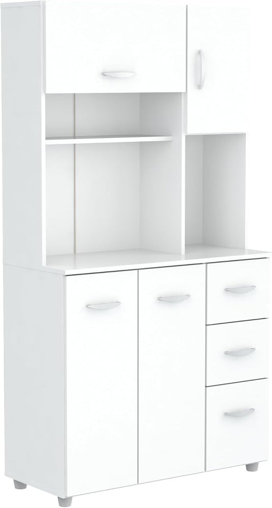 Inval America 4-Door Kitchen Microwave Storage Cabinet with 3 Drawers, Kitchenette Standing Pantry, 71"H x 23.6"W x 17.1"D, White