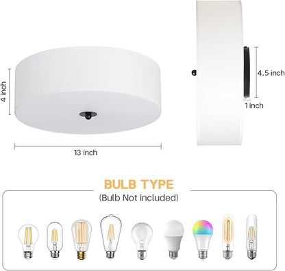 CALOKES Flush Mount Ceiling Light Fixture, 13" Close to Ceiling Light with White Fabric Linen Drum Shade, 2-Light Modern Round Ceiling Light for Bedroom Hallway Dining Kitchen