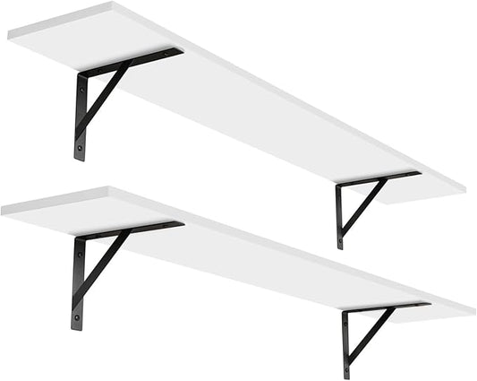 DINZI LVJ Long Wall Shelves, 47.3Inch Wall Mounted Shelves Set of 2, Extra Large Floating Storage Ledges with Sturdy Metal Brackets for Living Room, Bathroom, Bedroom, Kitchen, White