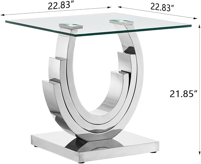 HomVent 22.83" Glass End Table, Living Room Tables, Modern Silver Tempered Glass Top Side Tables Bedroom, Square Small Bed Bedside Eating Table Nightstand for Home Office with Stainless Steel Base