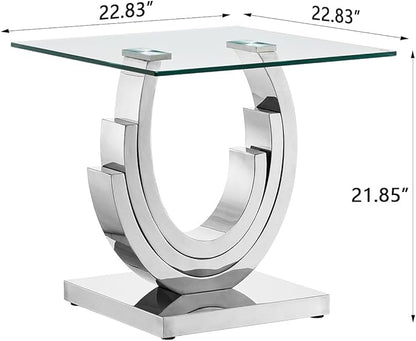 HomVent 22.83" Glass End Table, Living Room Tables, Modern Silver Tempered Glass Top Side Tables Bedroom, Square Small Bed Bedside Eating Table Nightstand for Home Office with Stainless Steel Base