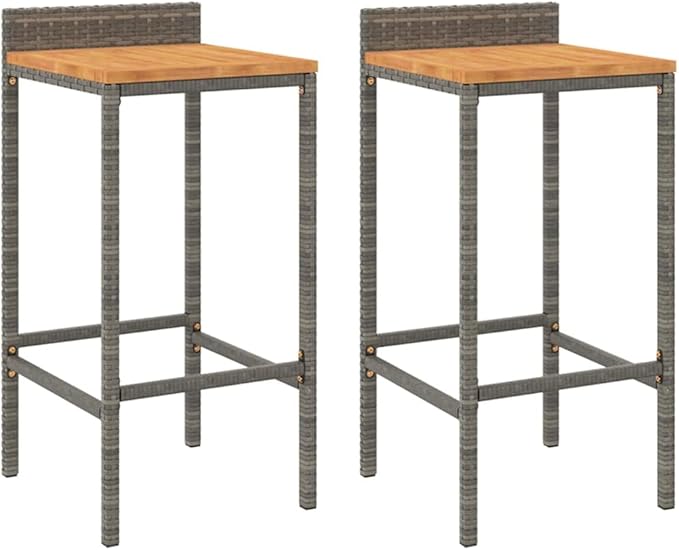 Set of 2 Grey Bar Stools Modern Acacia Wood Seat Poly Rattan Powder Coated Steel Frame for Kitchen Island High Table Indoor Outdoor Use