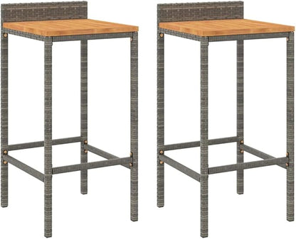 Set of 2 Grey Bar Stools Modern Acacia Wood Seat Poly Rattan Powder Coated Steel Frame for Kitchen Island High Table Indoor Outdoor Use