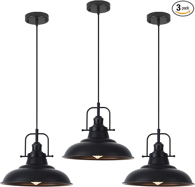 Industrial Pendant Lights 3 Packs, 12.2 Inch Black Pendant Lights Kitchen Island, Metal Pendant Lighting, Vintage Farmhouse Pendant Light for Kitchen, Living Room, Hallway