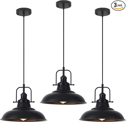 Industrial Pendant Lights 3 Packs, 12.2 Inch Black Pendant Lights Kitchen Island, Metal Pendant Lighting, Vintage Farmhouse Pendant Light for Kitchen, Living Room, Hallway