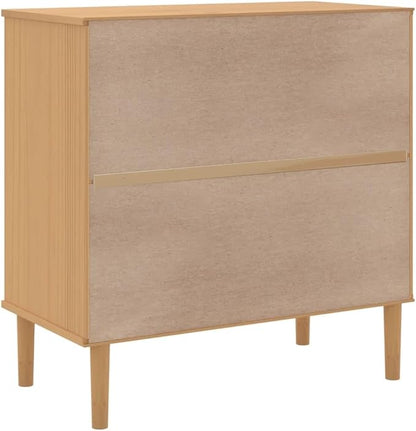 Brown Solid Pine Wood Sideboard, Rattan Look Buffet Cabinet with Drawers, 31.5 Inch Storage for Living Room, Hallway Furniture Kitchen Furnitur