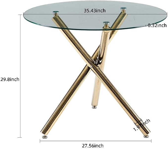 35.43'' Round Glass Dining Table,Modern Kitchen Table for 2-4 People,Dining Room Table with Tempered Glass Top and Metal Legs for Kitchen Apartment