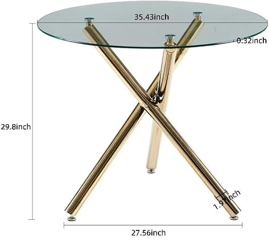 35.43'' Round Glass Dining Table,Modern Kitchen Table for 2-4 People,Dining Room Table with Tempered Glass Top and Metal Legs for Kitchen Apartment