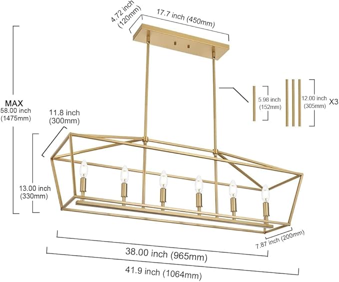 Modern Kitchen Island Lighting,6-Light Linear Farmhouse Chandelier Industrial Pendant Light Fixtures with Gold Metal Frame for Bar, Dining Room, Living Room,Restaurant,Foyer