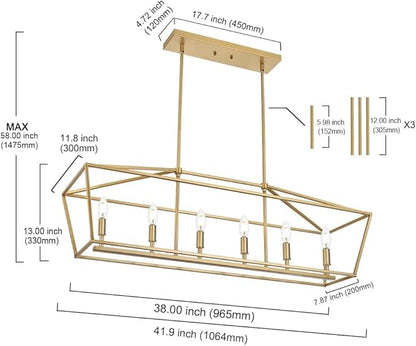Modern Kitchen Island Lighting,6-Light Linear Farmhouse Chandelier Industrial Pendant Light Fixtures with Gold Metal Frame for Bar, Dining Room, Living Room,Restaurant,Foyer