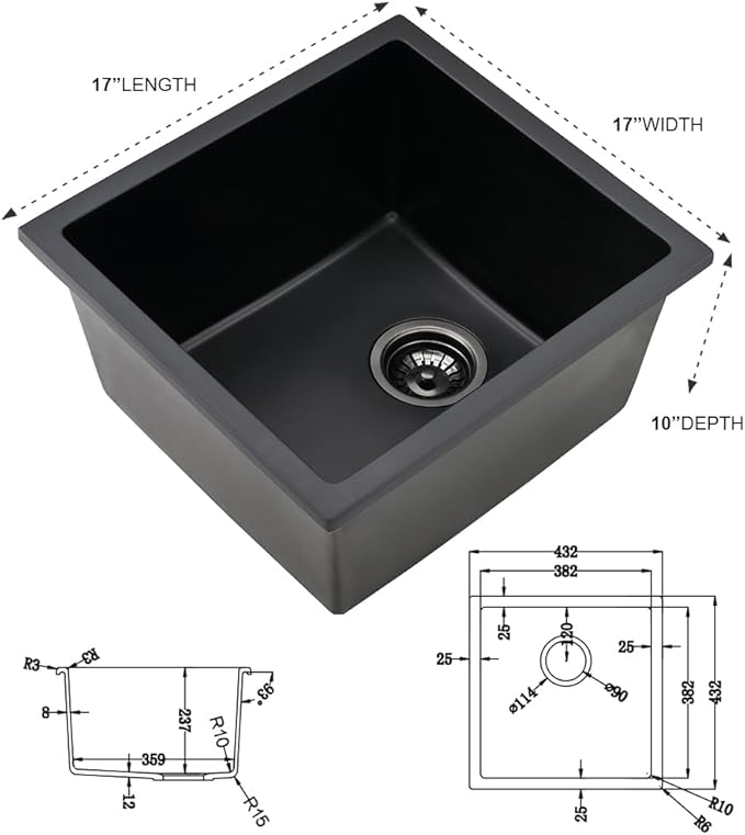 17 Inch Bar Sink Undermount Black-iAnomla 17x17 Undermount Bar Sink Bar Prep Sink Black Quartz Sink Wet Bar Single Bowl Kitchen Sink Small Rv Kitchen Sink with Bottom Grid
