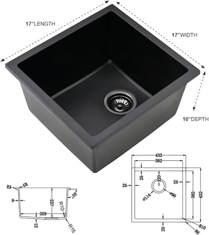 17 Inch Bar Sink Undermount Black-iAnomla 17x17 Undermount Bar Sink Bar Prep Sink Black Quartz Sink Wet Bar Single Bowl Kitchen Sink Small Rv Kitchen Sink with Bottom Grid