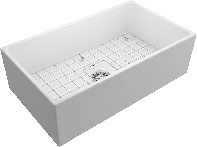 BOCCHI Contempo Farmhouse Apron Front Fireclay 33 in. Single Bowl Kitchen Sink with Protective Bottom Grid and Strainer in Matte White
