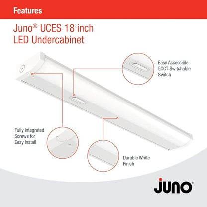 Juno UCES 18 Inch LED Under Cabinet Lighting, LED Kitchen Cabinet Light Fixture Hardwired, Dimmable, Damp Rated, Selectable Soft, Warm, Neutral, Cool, Daylight White Light (UCES 18IN SWW5 90CRI WH M6)