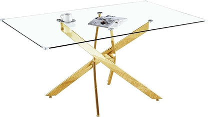 Luxury Gold Glass Dining Table for 4 Modern 51" Rectangular Kitchen & Dining Room Table with X-Shape Stainless Steel Base Large Clear Glass Top Dining Table for Home Office