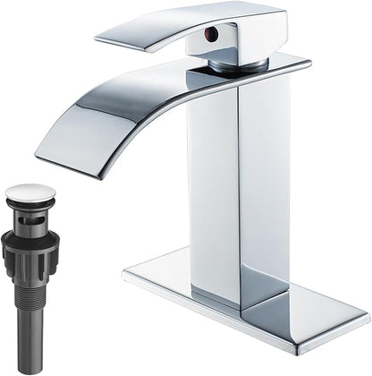 VOTON Chrome Bathroom Faucets Waterfall Bathroom Sink Faucet Modern Single Handle Bathroom Faucet for 1 or 3 Holes with Deck Plate and Pop-Up Drain, Rv Sink Camper Farmhouse Bathroom Faucet