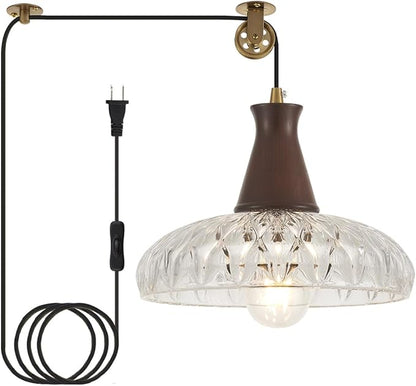 YLONG-ZS Hanging Lamp Plug in,Hanging Lights with Plug in Cord Glass Modern Pulley Walnut Color Wood Plug in Pendant Lights Vintage for Kitchen Island,Living Room,Bedroom,Dining Room,Corner