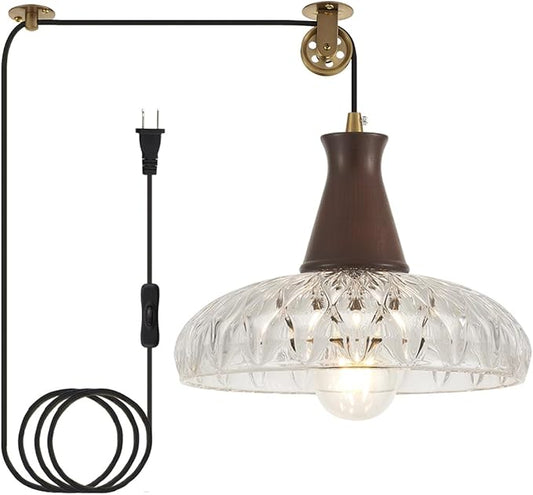 YLONG-ZS Hanging Lamp Plug in,Hanging Lights with Plug in Cord Glass Modern Pulley Walnut Color Wood Plug in Pendant Lights Vintage for Kitchen Island,Living Room,Bedroom,Dining Room,Corner
