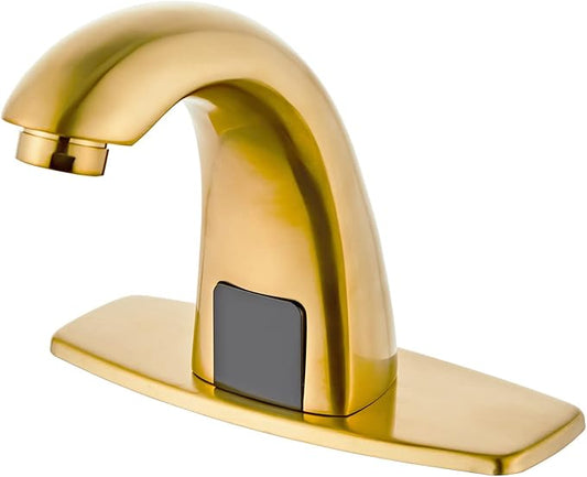 Brushed Gold Touchless Bathroom Sink Faucet - Automatic Motion Sensor Battery Opertated with Temperature Mixing Valve for Commercial Lavatory