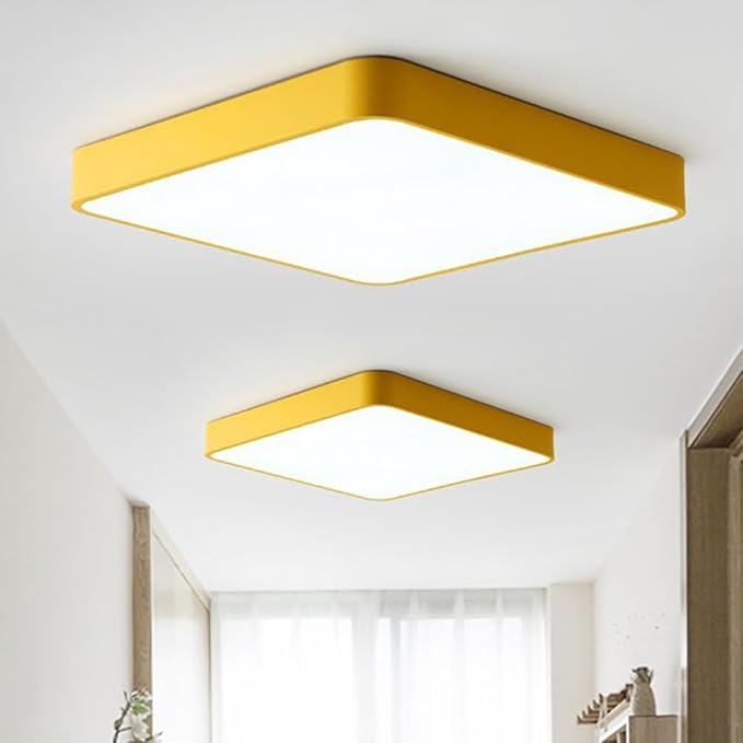 LED Ceiling Light Fixture,20 Inch Modern Square Recessed Ceiling Lights,48W 3000K-6000K Dimmable Light,Yellow Close to Ceiling Lighting Flush Mount for Bedroom Living Room Ceiling Lamp
