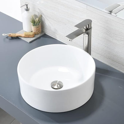 White Round Vessel Sink, BoomHoze 16"x16" Modern Countertop Circle White Porcelain Ceramic Bathroom Sink Above Counter Art Washing Basin