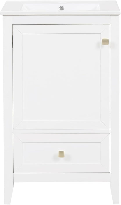 20" Bathroom Vanity with Ceramic Sink Top Set, Multi-Functional Storage Cabinet with Rack Organizer and Drawer, Soft-Closing Door, Solid Wood Frame, White