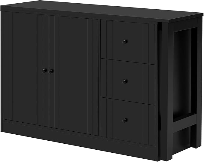 JIJIWANG 89.7'' Wooden Sideboard with Extendable Table,Multifunctional Storage Kitchen Island with 2 Doors and 3 Drawers,for Living Room,Study,Foyer and Kitchen, Black