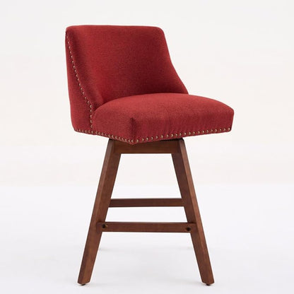 Comfortable Upholstered Swivel Bar Stool with Wooden Legs and Soft Fabric Seat for Kitchen Island or Home Bar Use (Wine RED + Wood+Fabric + Foam)