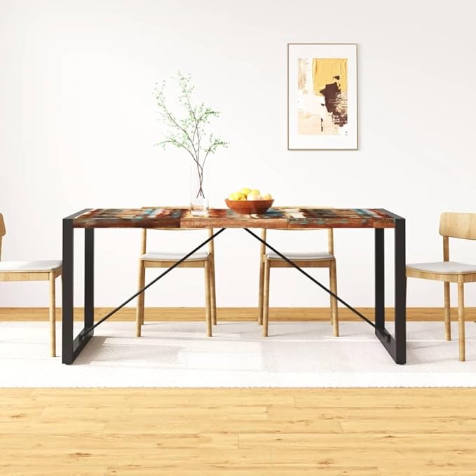 Industrial Dining Table 70.9" Solid Reclaimed Wood Multicolour Rectangular Kitchen Table Seats 6 People Powder-Coated Steel Frame Easy Assembly for Dining Room Small Apartment Loft